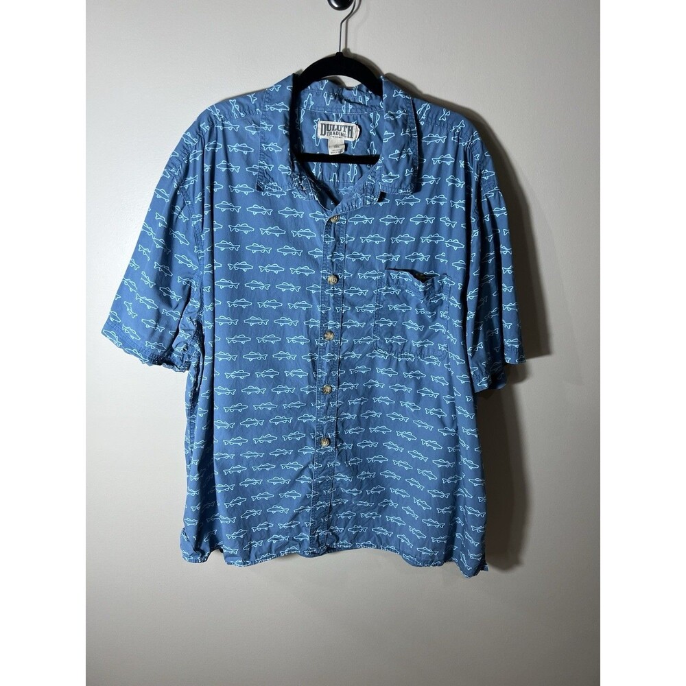 Duluth Trading Co Mens Relaxed Fit Short Sleeve Camp Shirt Size 3XL Blue Sharks